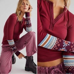 Free People Mikah Layering Cuff Thermal Top Wine Red Size XS We the Free